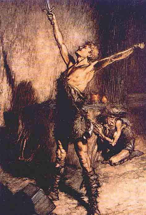 Rackham's Painting: Sigurd with his sword Gram