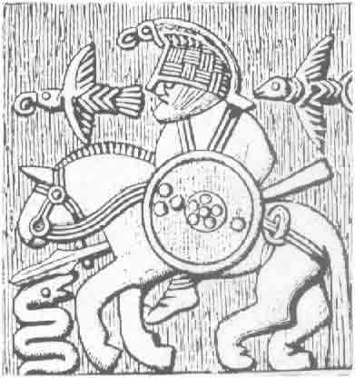 Odin, Gugne, Hugin, Munin, Sleipnir(?). Vendel, Uppland, Sweden